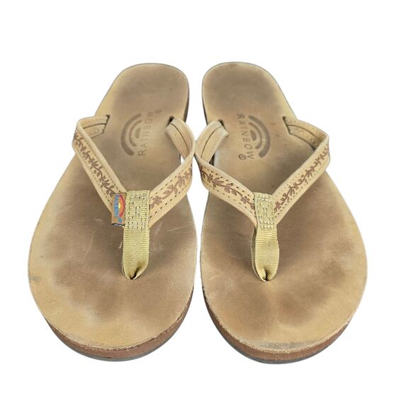 Rainbow Sandals Las Flores Women's Sz 6.5 -7.5 Brown Leather Floral Etching - Picture 2 of 13